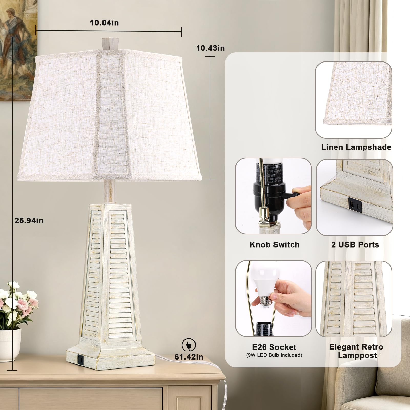 25.94" Vintage Table Lamp with USB Ports and Linen Shade