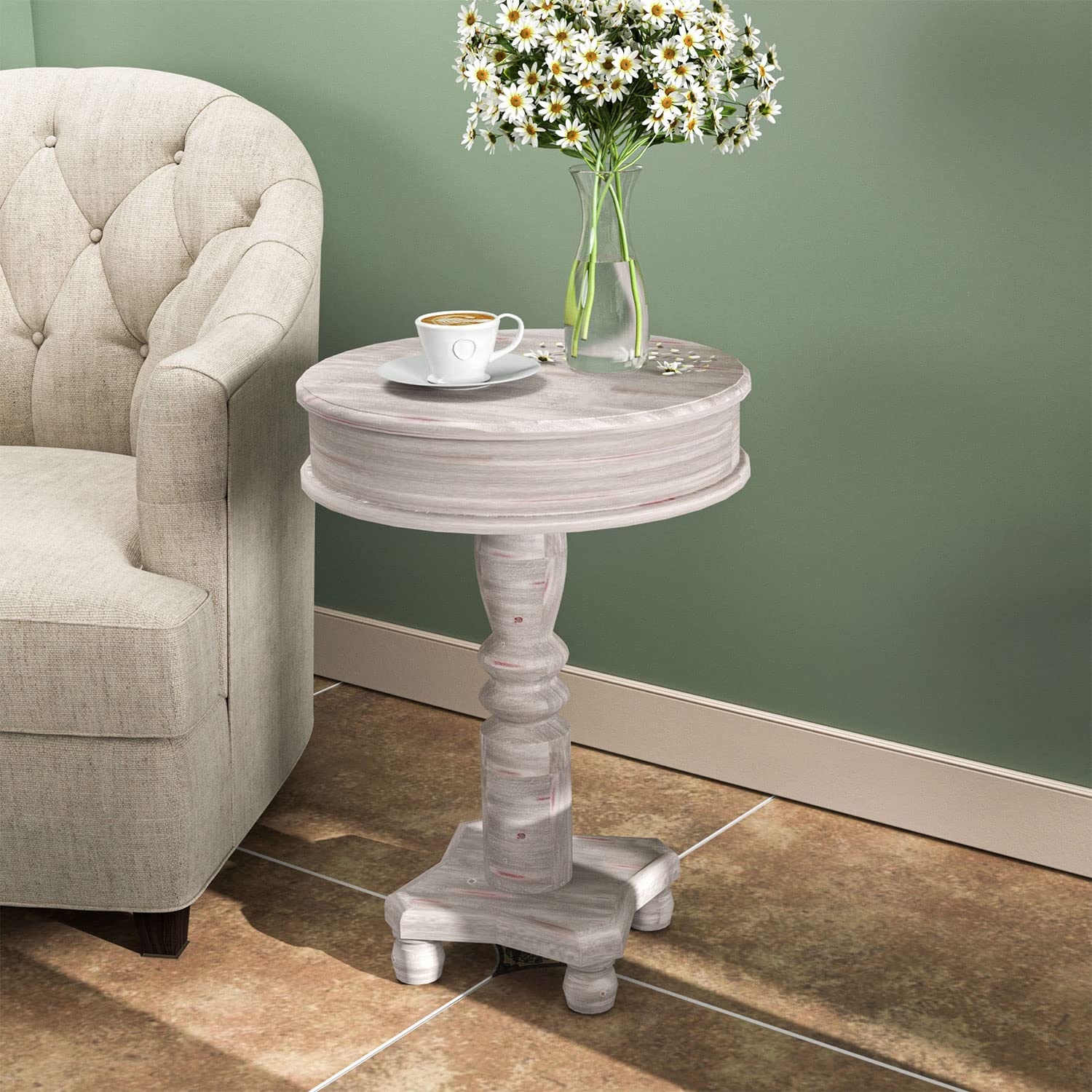 Rustic Accent Side Table, Farmhouse Wood Pedestal Table Round End Table for Living