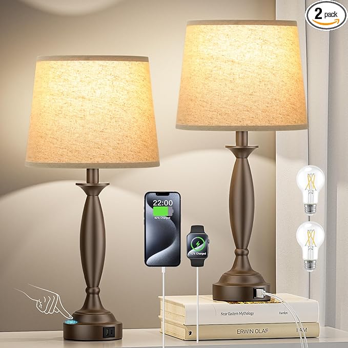Beige Brown Lamps for Bedrooms Set of 2 - Touch Control Bedside Lamp with USB C+A,