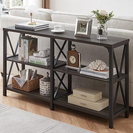 Black Console Table, Modern Entryway Table with 3 Tier Storage Shelves, Industrial Sofa Table Behind Couch for Living Room,