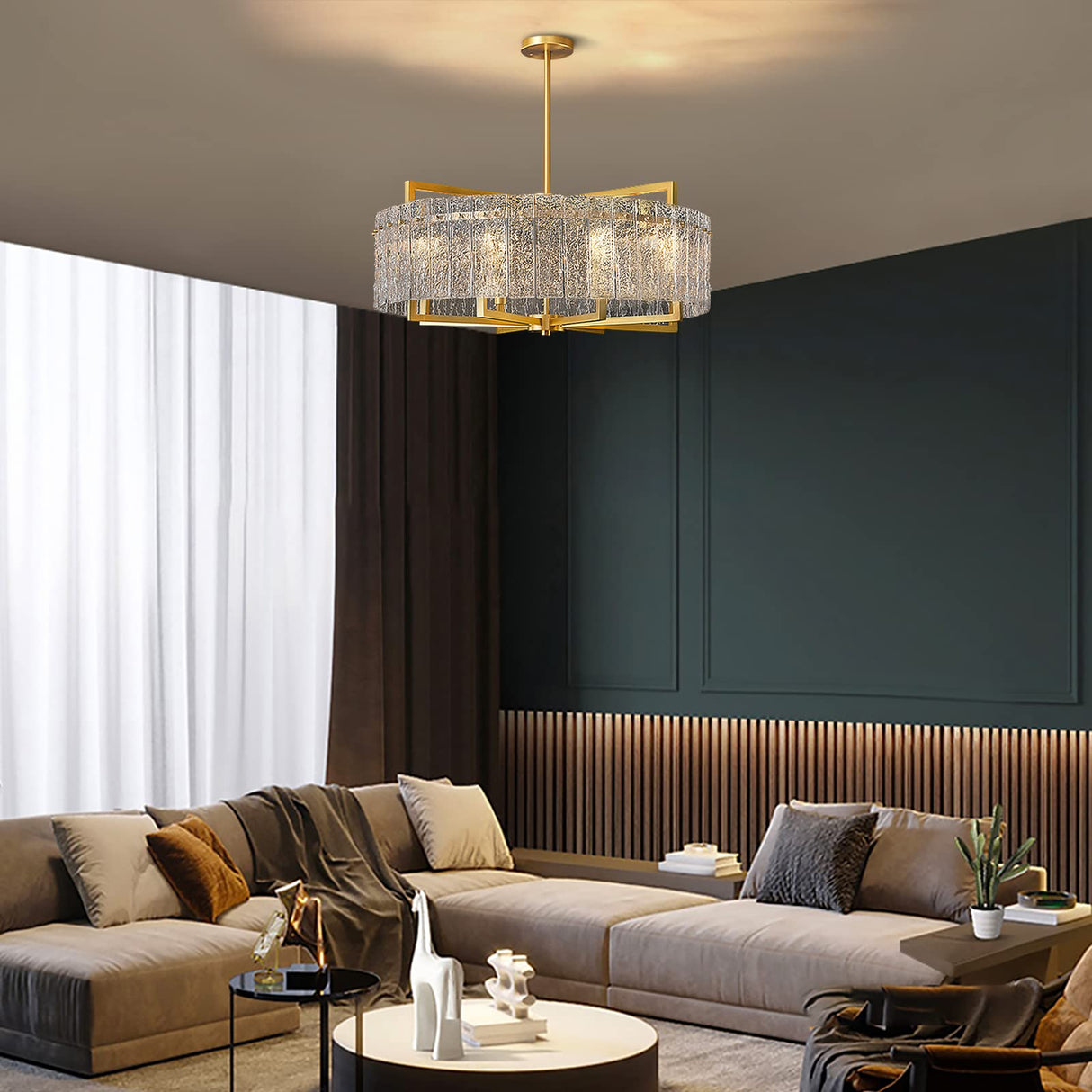 6-Light Modern Round Chandelier, Luxury Gold Drum Chandeliers, Water Ripple Glass