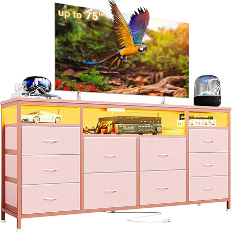 10 Drawer Dresser Tv Stand for 65 70 75 Inch Tv, 63" W Long Fabric Dresser Entertainment Center