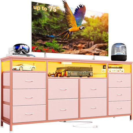 10 Drawer Dresser Tv Stand for 65 70 75 Inch Tv, 63" W Long Fabric Dresser Entertainment Center