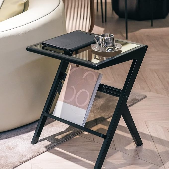 Side Table Z Shape End Table with Tempered Glass Top, Solid Wood Modern