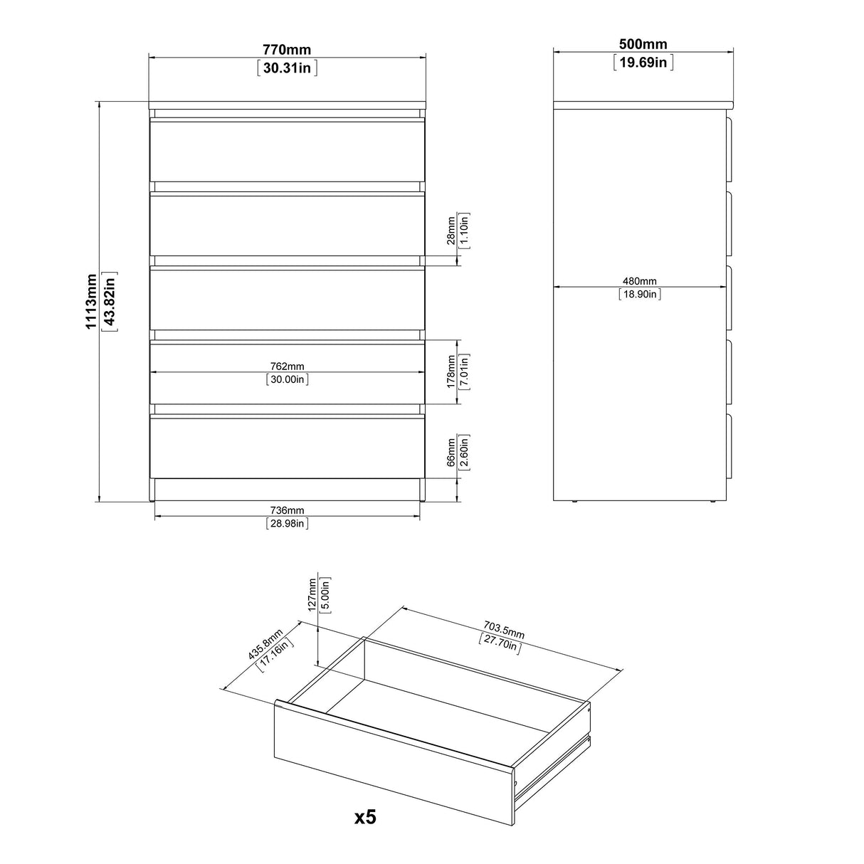 Handle-free, Contemporary, Bedroom Furniture, College Living 5 Drawer Chest