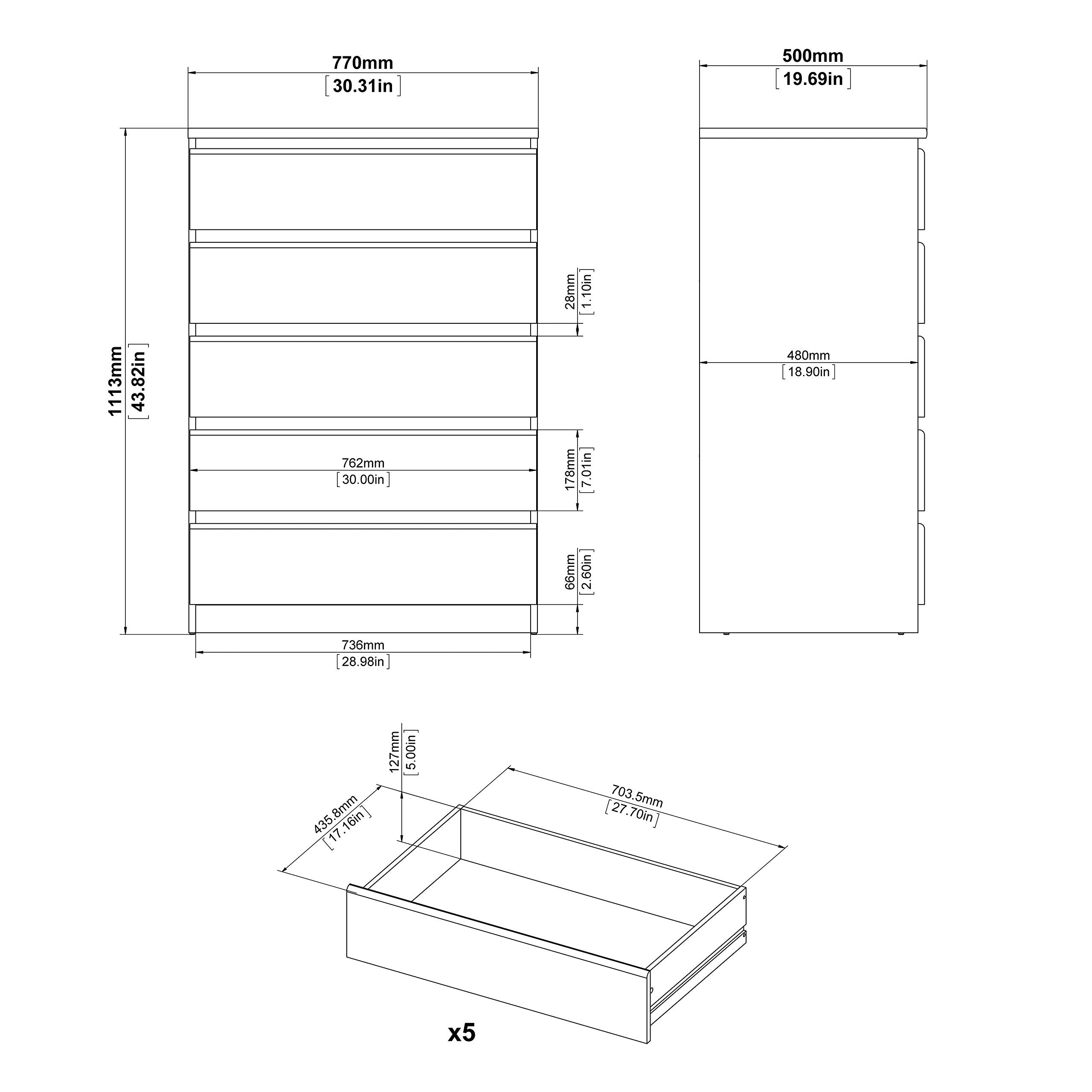 Handle-free, Contemporary, Bedroom Furniture, College Living 5 Drawer Chest