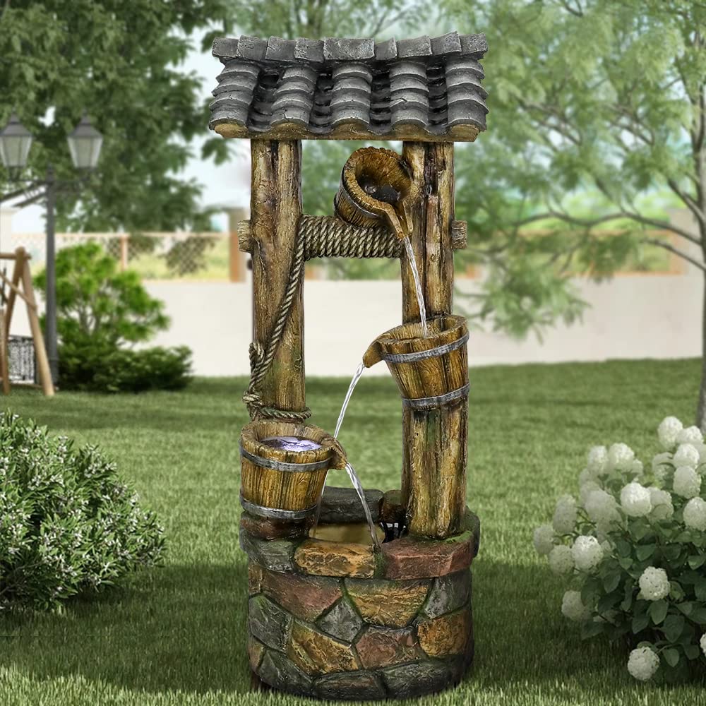 Wishing Well Water Fountain, 39.3inches Rustic Outdoor Water Fountains