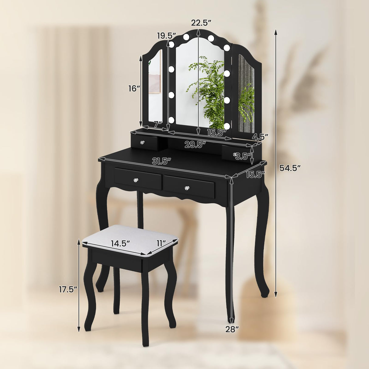 Vanity Set with Tri-Fold Mirror & Dimmable Lights, Vanity Desk and Cushioned Stool Set with 4 Drawers, Open Shelf & Compartment, Modern Dressing Table Set for Bedroom, Black