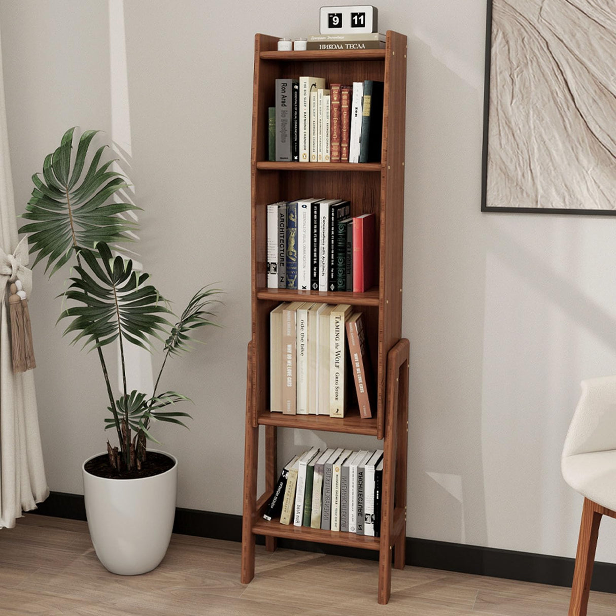 5 Tier Open Slanted Bookshelf Bamboo Bookcase with Legs and Top Edge Display Self