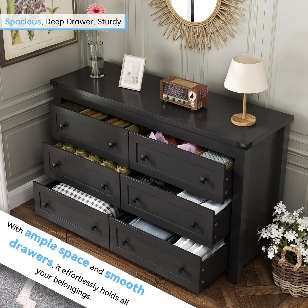 Black Dresser Bedroom Furniture, Wood Dressers for Bedroom with 6 Drawers Dressers