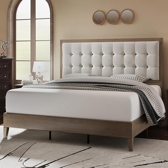 King Size Wood Bed Frame with Tall Tufted Headboard - Walnut