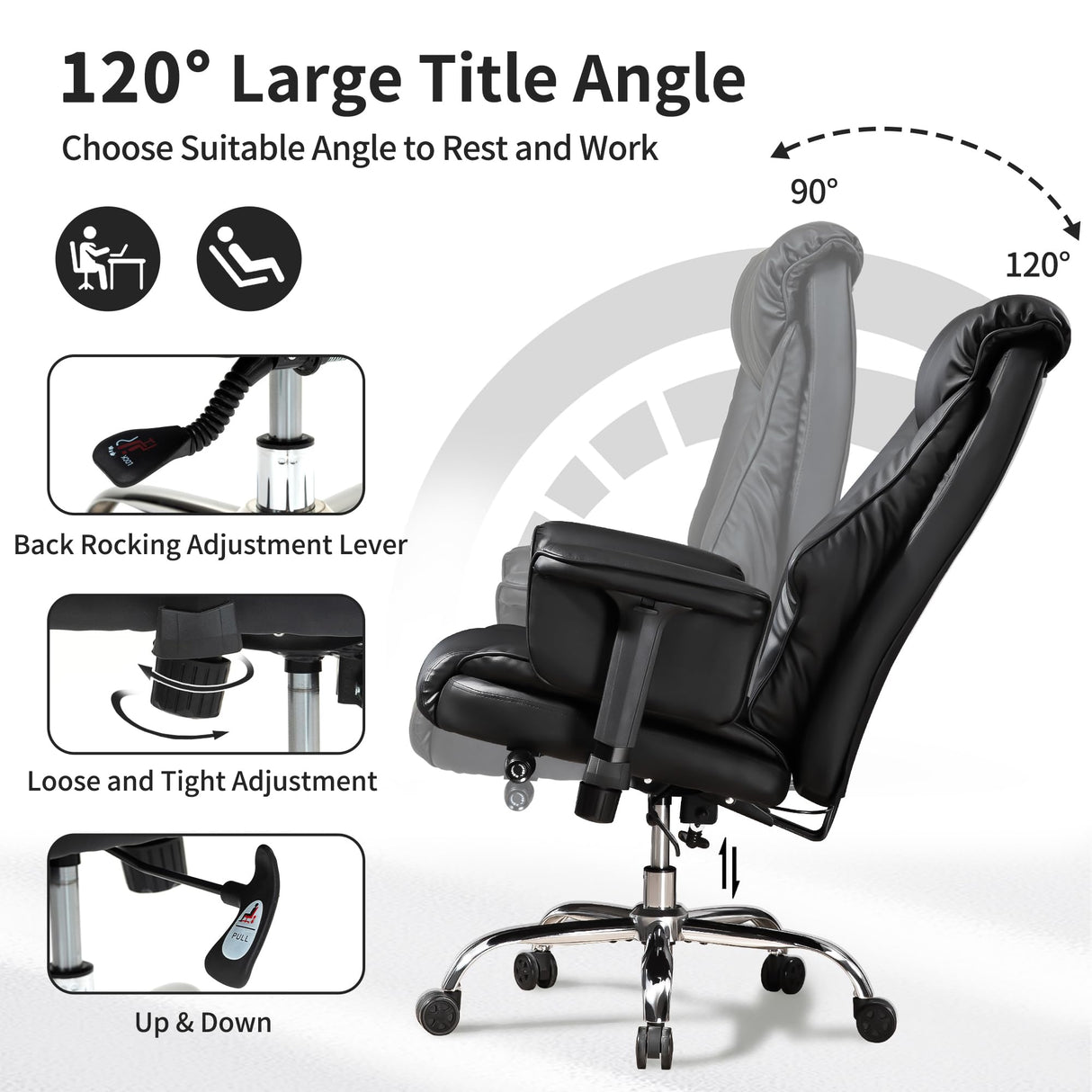 HOMEFUN Ergonomic Office Chair Executive Office Chair 330lbs Big and Tall High Back Leather Desk Chair, Adjustable Lumbar Support & Arms, 120° Recline for Office and Home Black