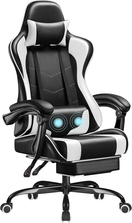 Homall Gaming Chair, Video Game Chair with Footrest and Massage Lumbar Support, Ergonomic Computer Chair Height Adjustable with Swivel Seat and Headrest (White)