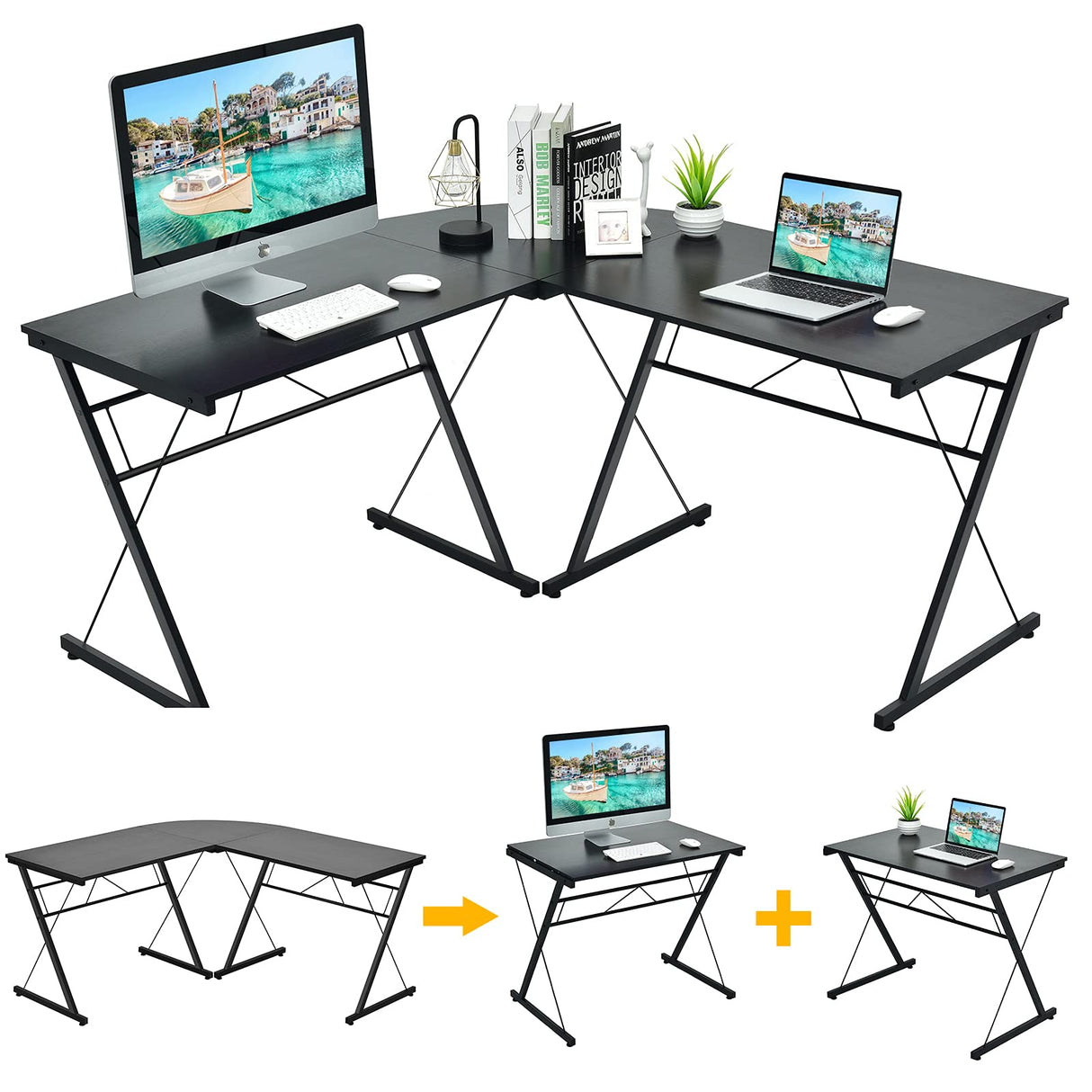 Toolsempire L-Shaped Gaming Desk, 59" Home Office Desk Computer Table Writing Table, Study Table Laptop Desk Writing Workstation Corner Desks for Home Office (Black)