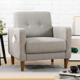 Mid-Century Modern Armchair with Armrest Pockets, Tufted Linen Fabric, Light Grey