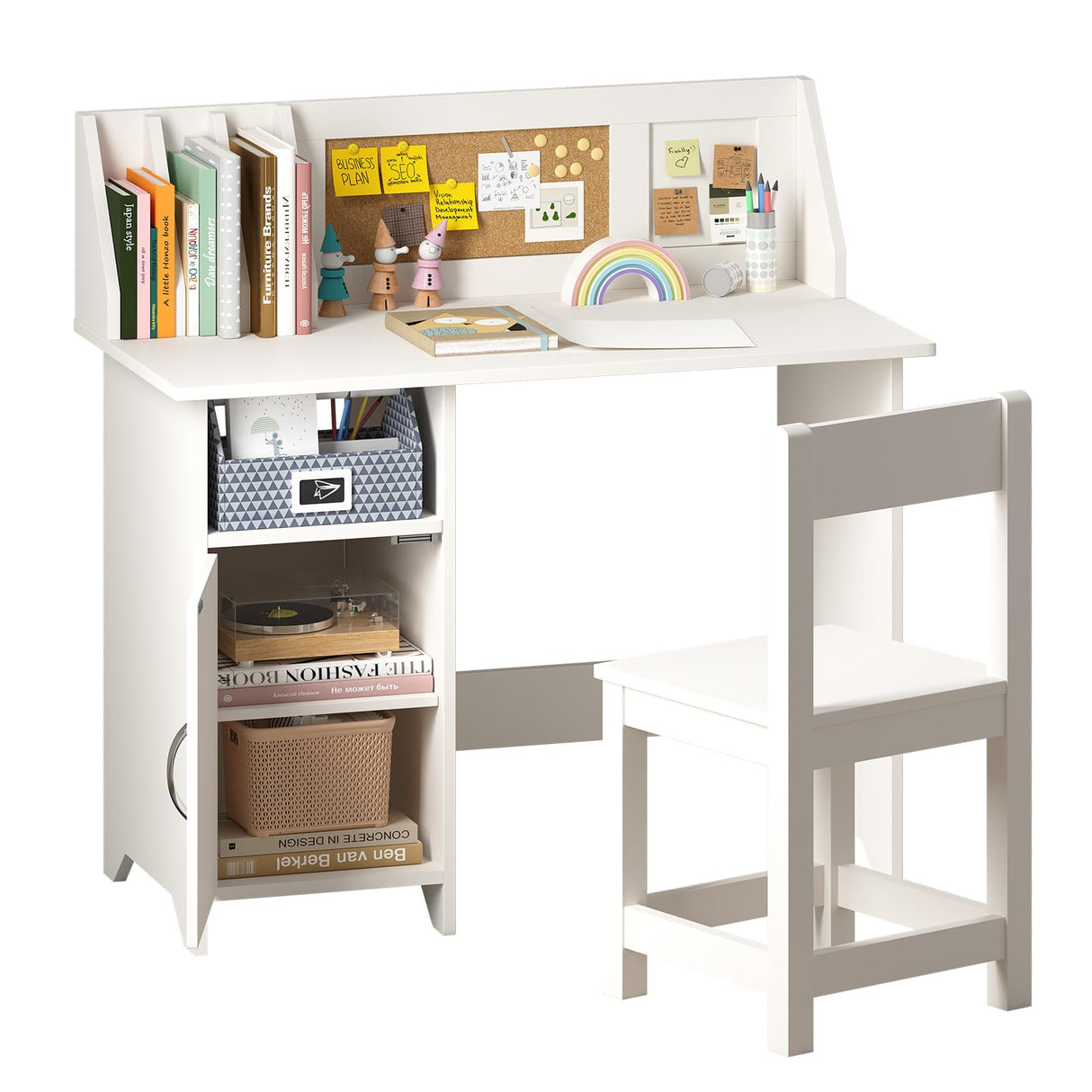 White Kids Desk with Chair, Wooden Study Table for Boys and Girls