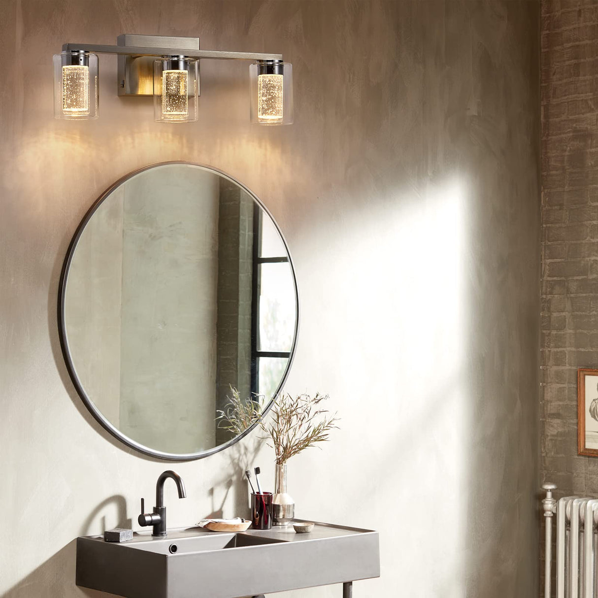 Brushed Nickel Vanity Lights, 3-Light Bathroom Light Fixtures, Crystal LED Bathroom