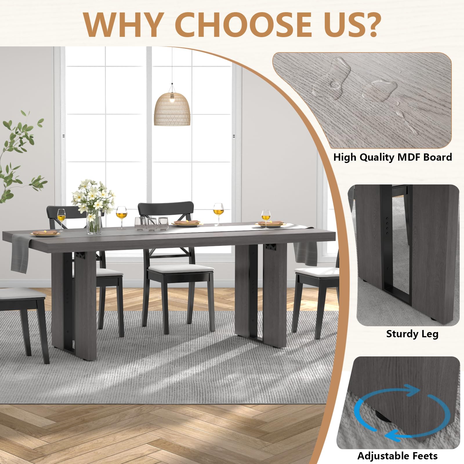 70.8 Inch Dining Table, Vintage Grey Modern Kitchen Table for 6-8 People, Large Dinning