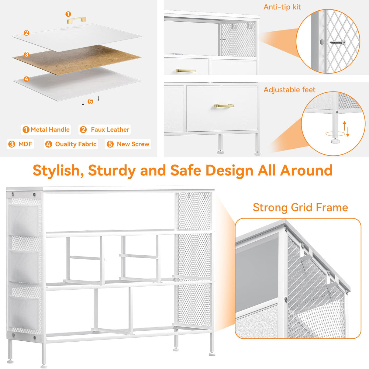 White Dresser for Bedroom Dresser, TV Stand with 6 Drawers, Bedroom Dresser with Power Outlets and LED Light, Fabric Dressers & Chests of Drawers with Shelves, Side Pockets & Hooks for 45" TV