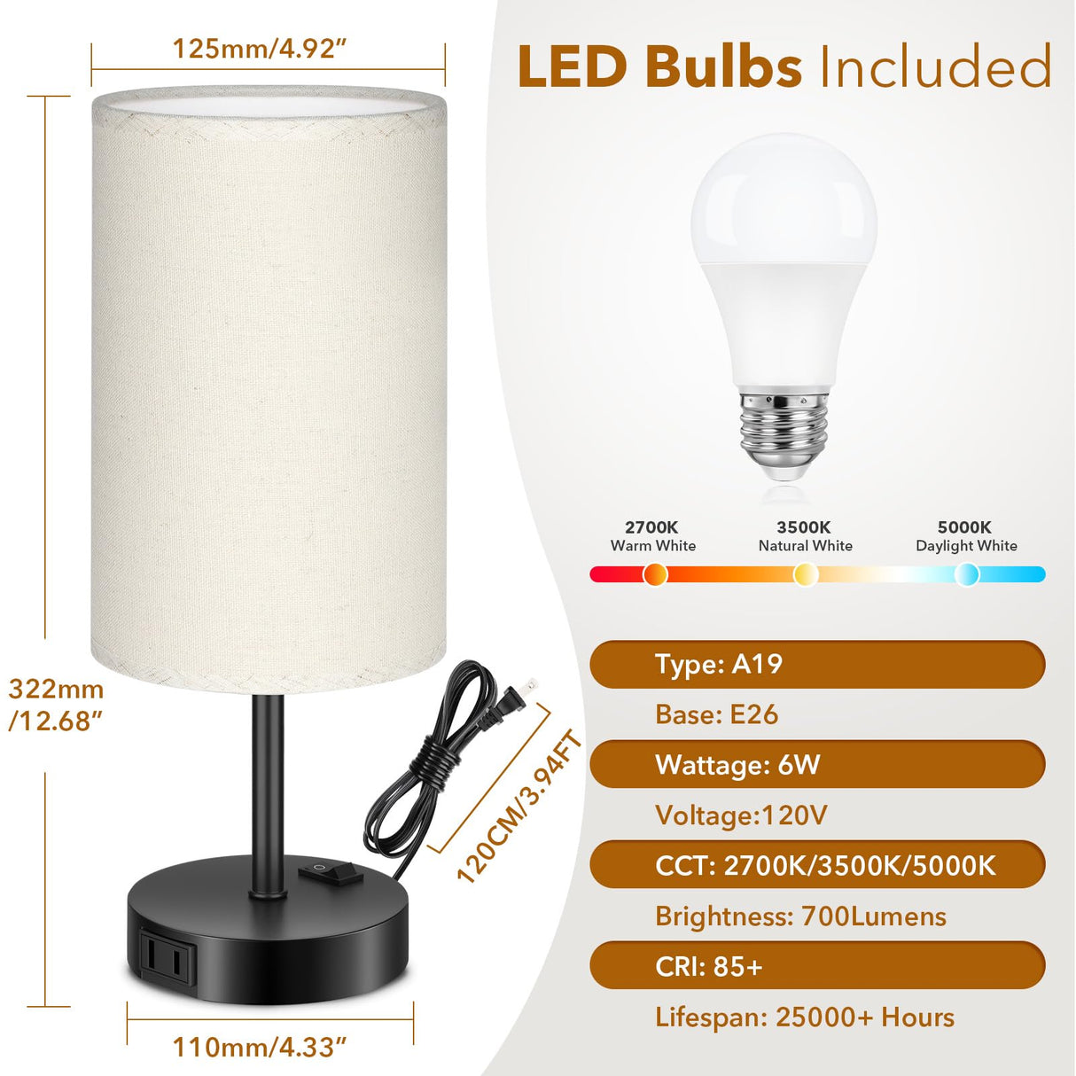 Bedside Table Lamp,3-Way Dimmable Bedside Lamps 2700K 3500K 5000K with AC Outlet