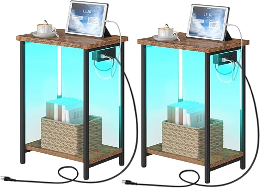 Set of 2 Side Tables with Charging Station and LED Light, End Tables