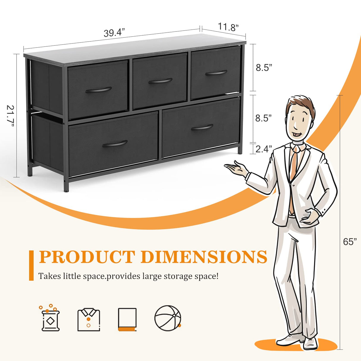 Dresser for Bedroom 5 Fabric Drawers Dresser Clothes Cabinet Storage Organizers
