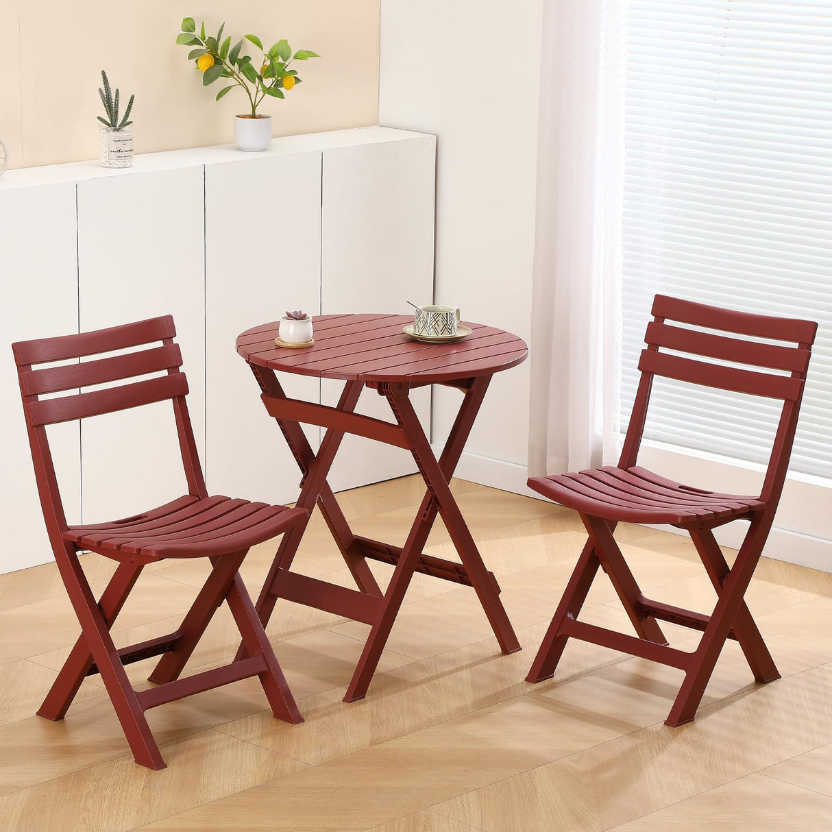 TAO ONE Patio Bistro Set, 3 Piece Plastic Folding Bistro Set, Portable Outdoor Patio Table and Chairs Set, Foldable Patio Furniture Set for Balcony, Porch, Backyard, Garden,Poolside (Red)