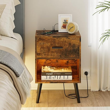 Nightstand with Charging Station and LED Lights, Small Side Table, Bedside Table