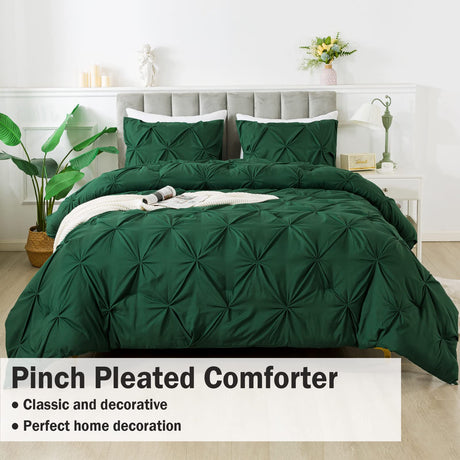 Dark Green Pinch Pleated Comforter Queen(90x90Inch), 3 Pieces(1 Pintuck Comforter and 2 Pillowcases)