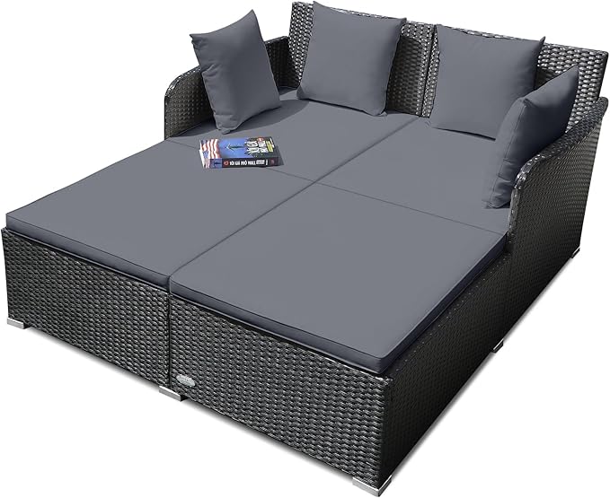 Rattan Patio Outdoor Daybed, Wicker 2-Person Sunbed Loveseat with Soft Cushions