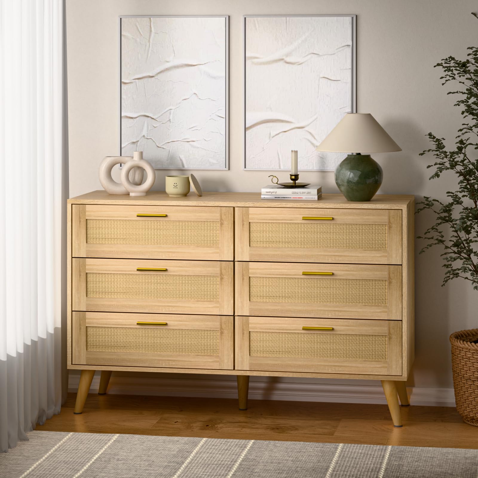 6 Drawer Dresser for Bedroom, Wooden Rattan Dresser, Boho Dresser Modern