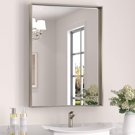 16 x 24 Inch Brushed Silver Bathroom Mirror for Wall Rectangle Vanity Mirror Silver Farmhouse Mirror Modern Metal Framed Rectangular Mirror