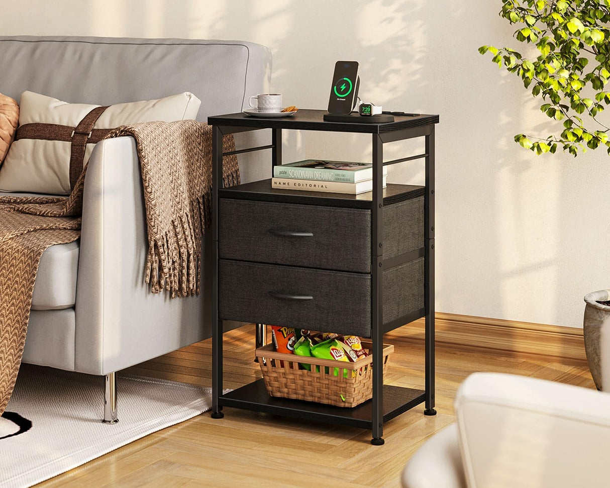 Night Stand with Charging Station, End Table for Bedroom Tall Nightstand