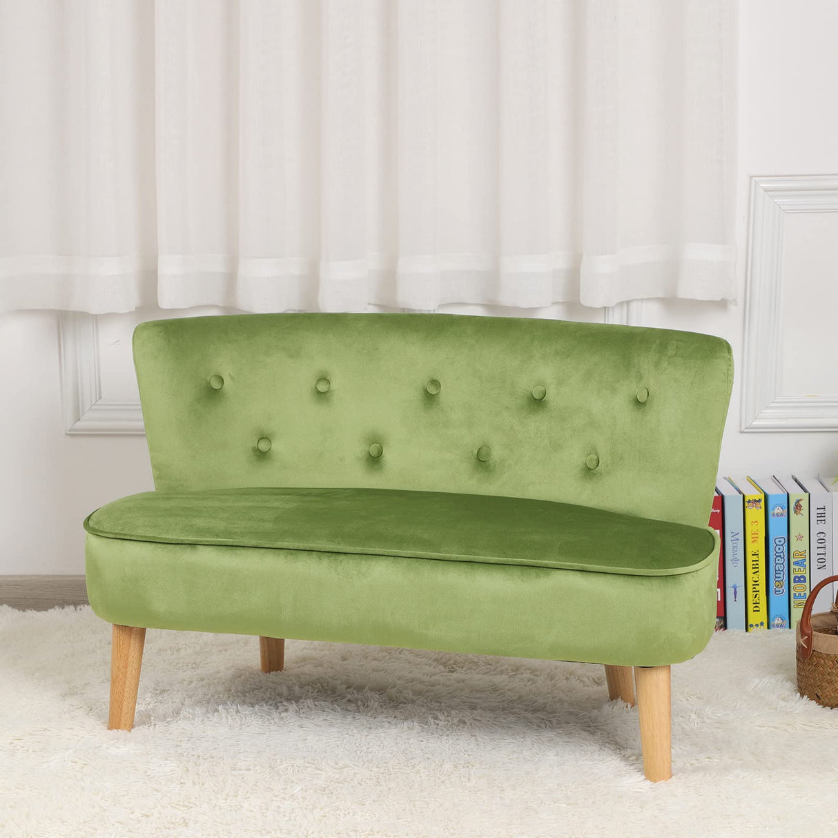 -Seat Kid Sofa Couch with Velvet Fabric,Kid Sofa Chair with Wooden Frame for 3-6 Age Children Gift,35.6" Length, Grass Green