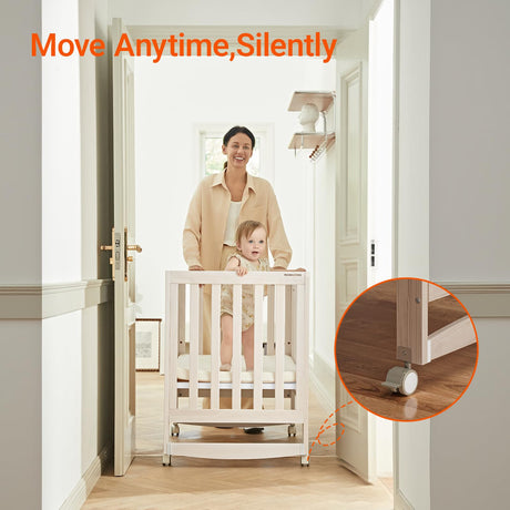 MAMAZING EvoNest Baby Crib, 6 in 1 Convertible Mini Crib with Wheels, 100% New Zealand Pinewood Growing Bed, 4 Adjustable Mattress Heights,Walnut Brown (Washed Natural)