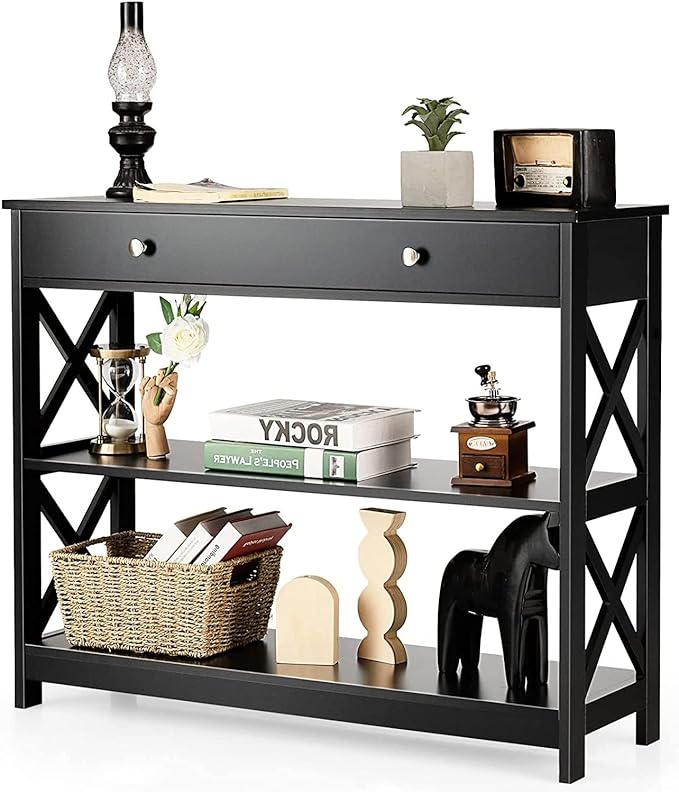 Tier Console Table, Entryway Table with 2 Open Storage Shelves Drawer,