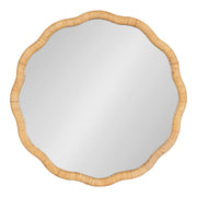 Rahfy Boho Scalloped Round Rattan Mirror, 26 Inch Diameter, Natural Wood