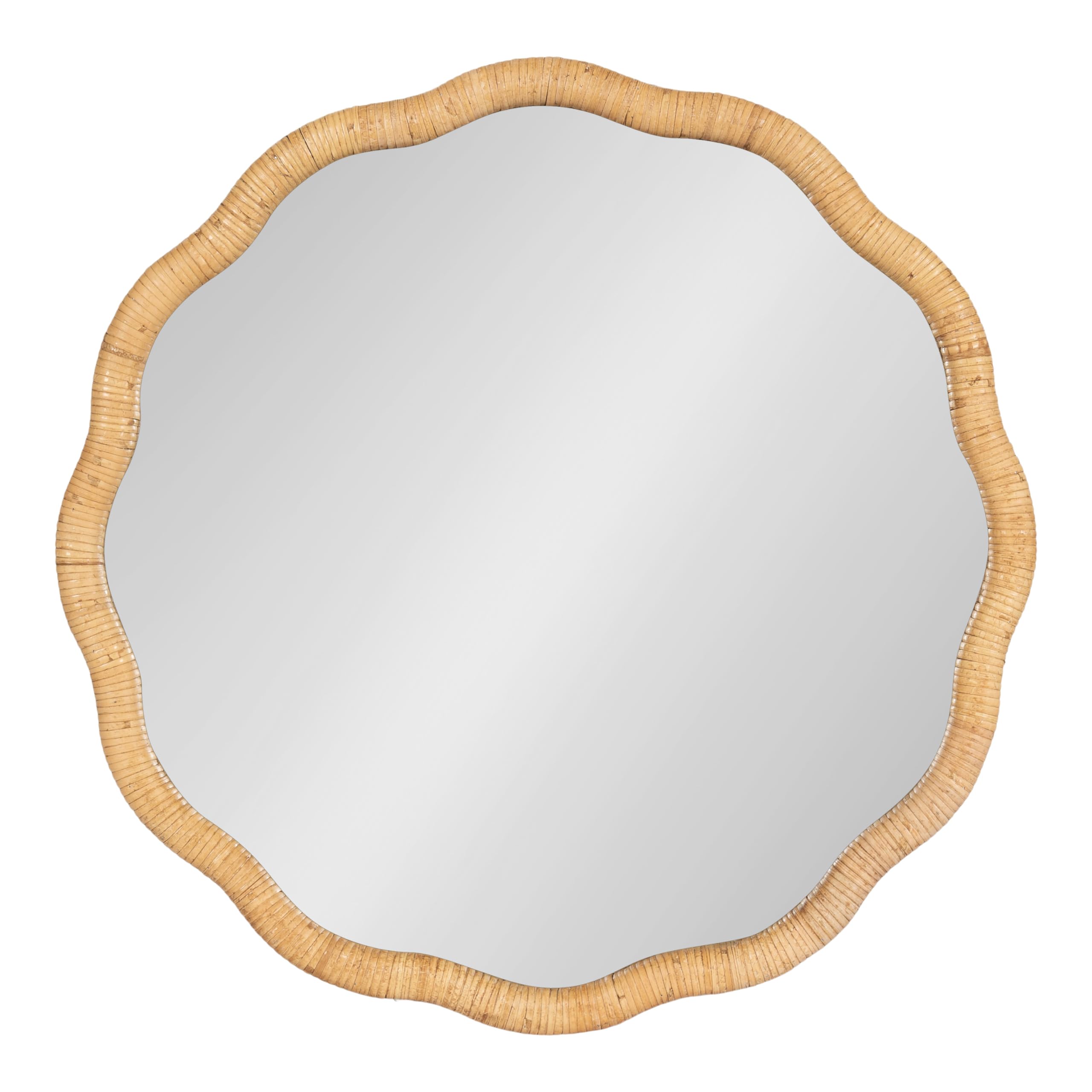 Rahfy Boho Scalloped Round Rattan Mirror, 26 Inch Diameter, Natural Wood