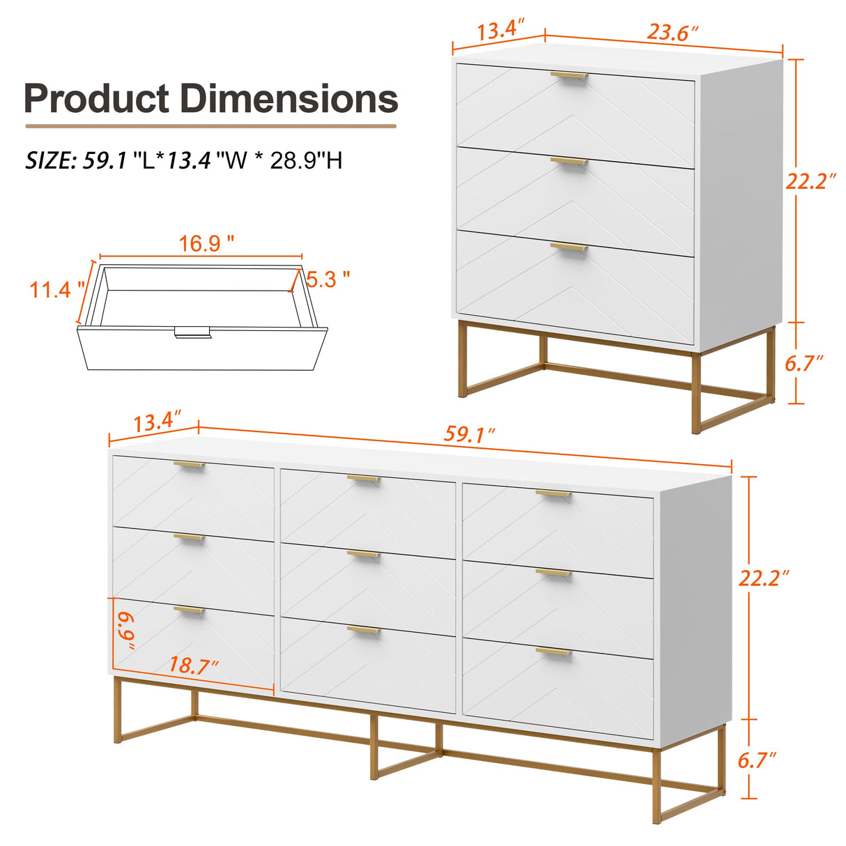 Modern Furniture set for Bedroom,One 9 Drawer Chest Storage with two 3 drawers set