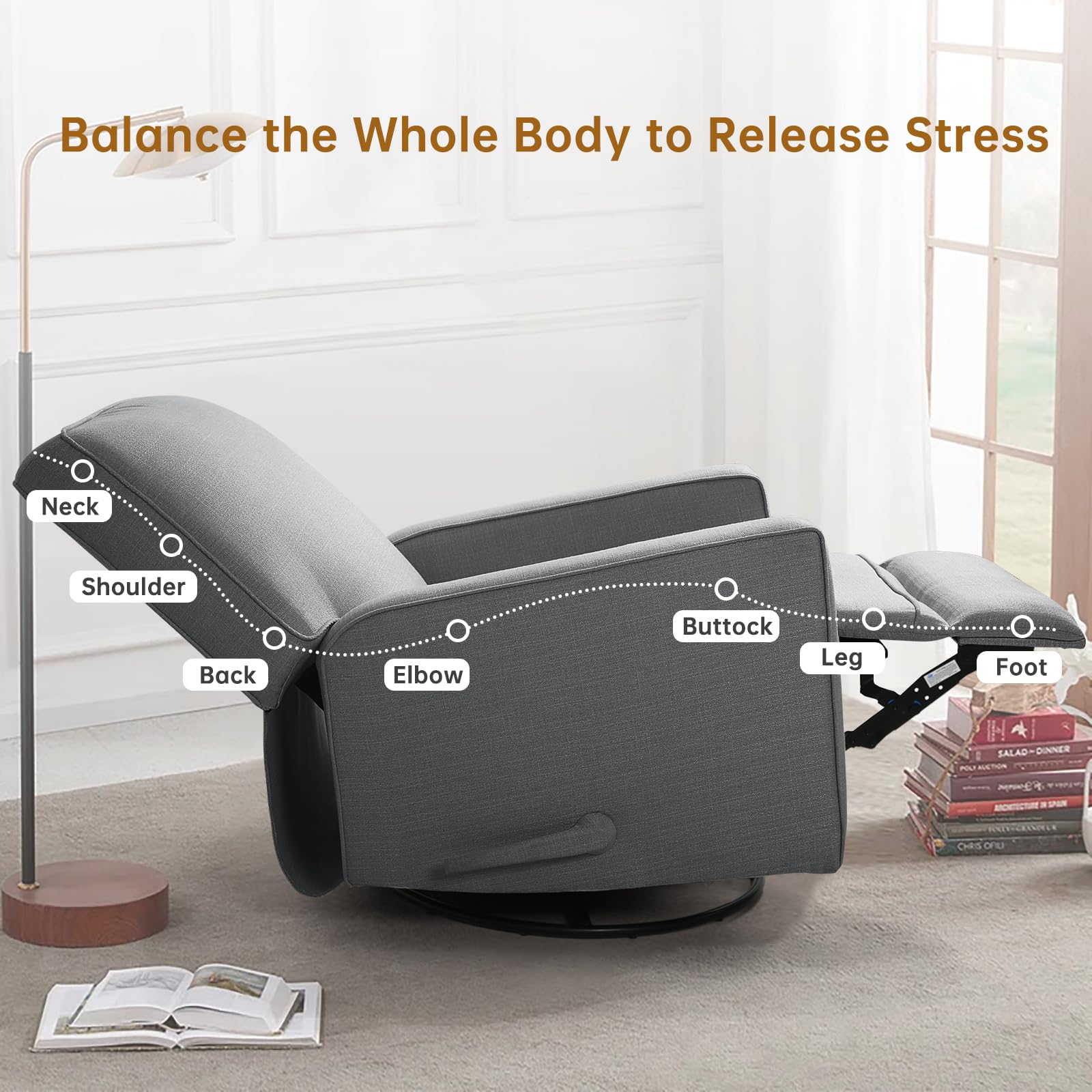 EaseCore Swivel Glider Recliner Chair with Lever Recline & Cushion Back