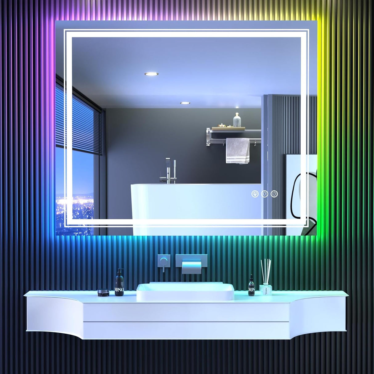 LED Mirror for Bathroom, 48"X40" with 8 RGB Backlit +3 Front Lit, Anti-Fog, Lighted