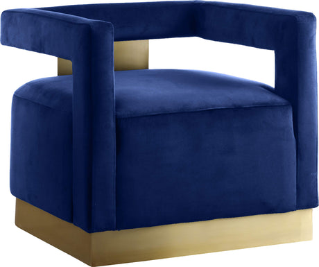 Armani Collection Modern | Contemporary Velvet Upholstered Accent Chair with Sturdy Steel Base and Back in Gold Finish, 31.5" W x 28" D x 28" H, Navy