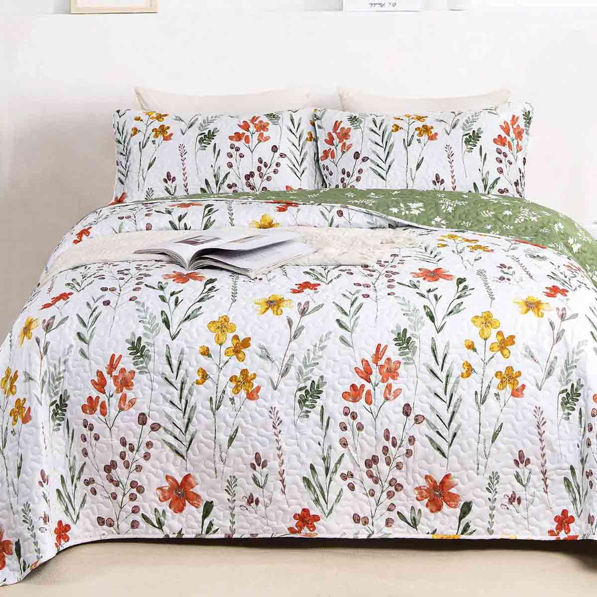 Quilt Set King Size 3 Pcs, White Floral Green Red Yellow Flower Leaf Spring