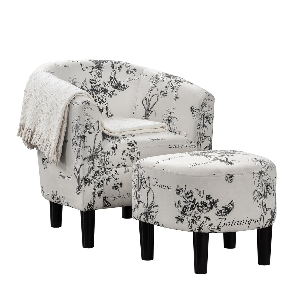 Convenience Concepts Take a Seat Churchill Accent Chair with Ottoman Set 26.25" - Contemporary Classic Mid-Back Barrel Chair with U-Shaped Ottoman for Living Room, Bedroom, Office, Botanical Print