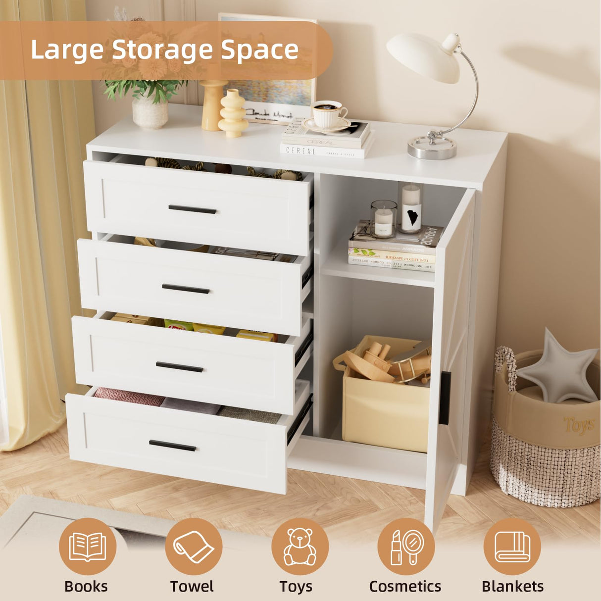 VOWNER 4 Drawer Dresser with Barn Door, Wooden Storage Cabinet with Drawers and Shelves, Modern Chest of Drawers for Bedroom, Living Room, Hallway, White