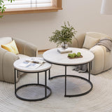Round Nesting Coffee Table Set of 2, 27.6 inch White Marble Pattern Wooden Table Top