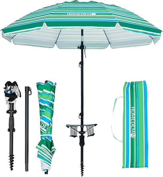 7ft Heavy Duty High Wind Beach Umbrella With Foldable Table & Hook