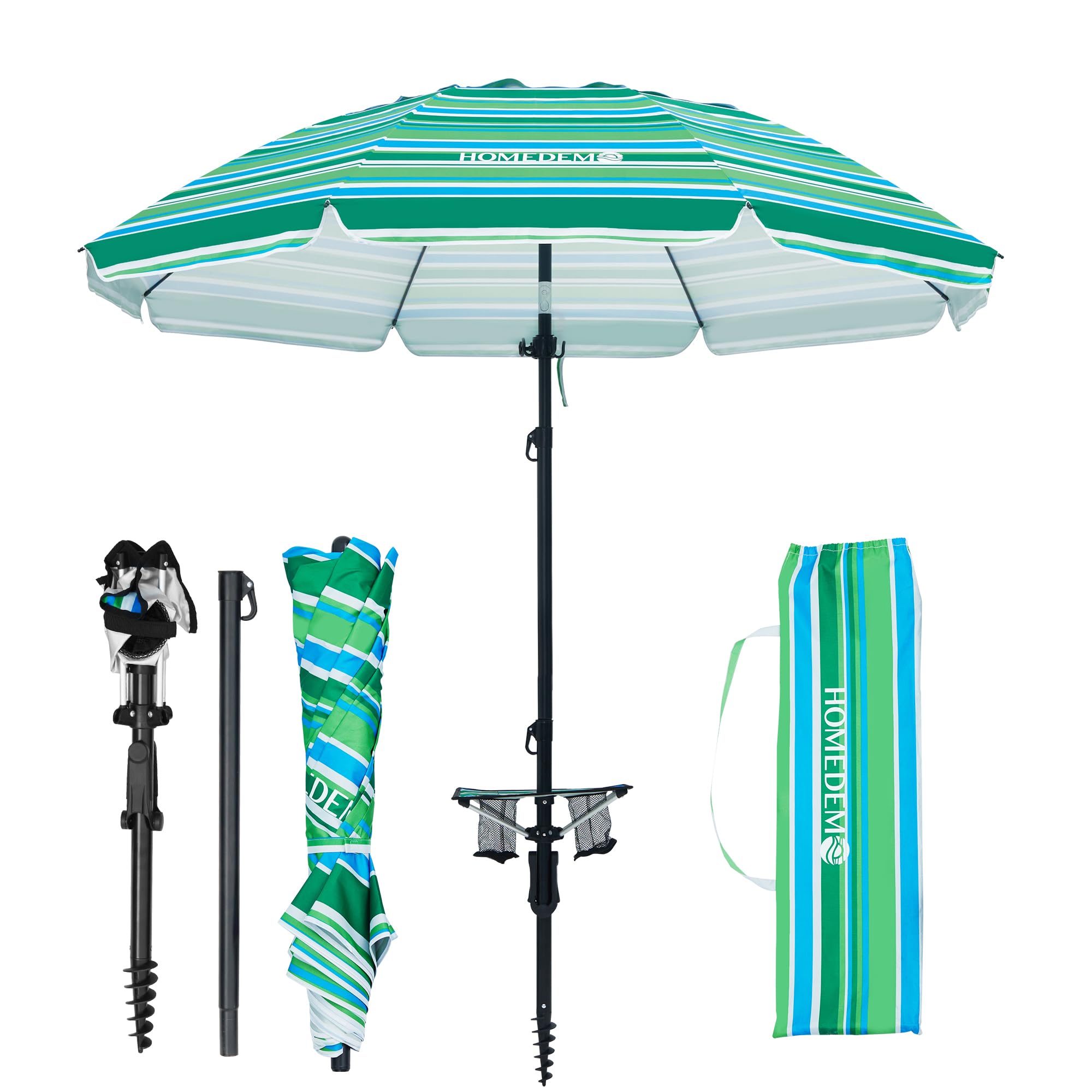 7ft Heavy Duty High Wind Beach Umbrella With Foldable Table & Hook
