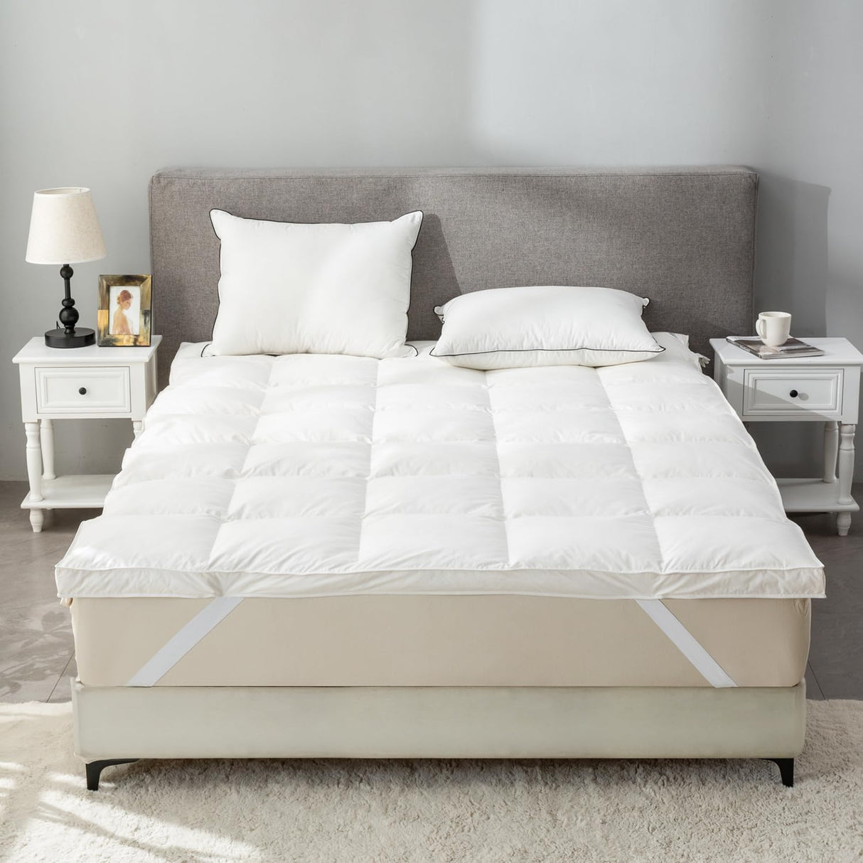 Down Feather Bed Mattress Topper,Down Matress Topper Cover with Straps