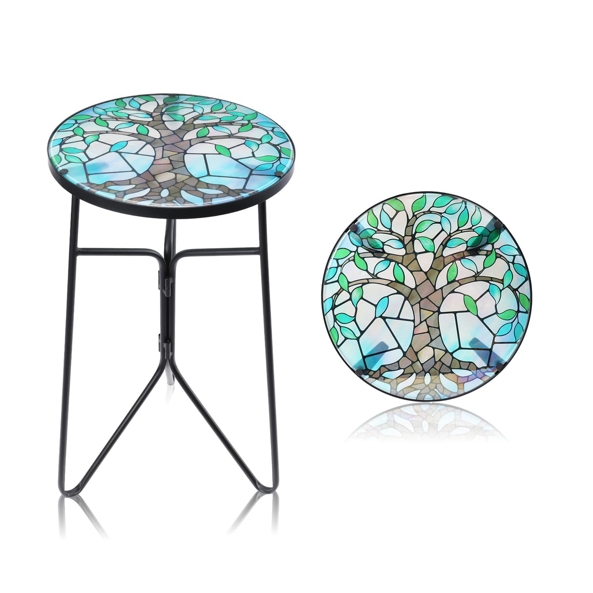 VCUTEKA Patio Side Table Outdoor Accent Table Bistro Coffee Table Plant End Table Small Porch Table Indoor Round Glass Balcony Plant Table Stands Tree 12'' - Bircata